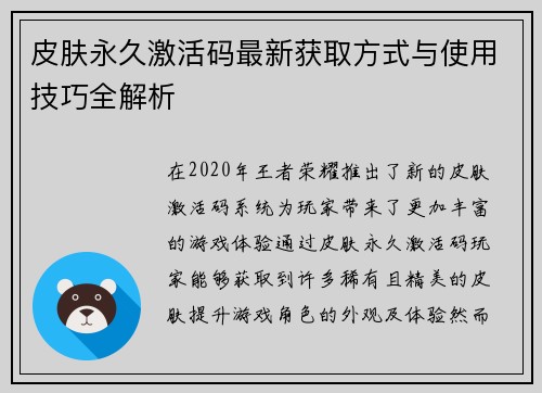 皮肤永久激活码最新获取方式与使用技巧全解析